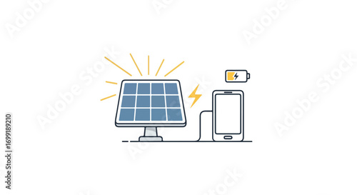 Illustration depicting a solar panel charging a mobile phone, showcasing renewable energy and sustainable technology advancement