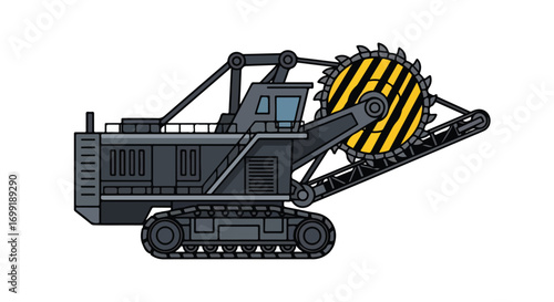 Stylized bucket wheel excavator illustration with a saw shaped head and yellow and black hazard stripes with detailed tracks