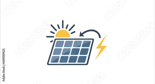 Clean energy solution showcase featuring solar panel system and sunlight with energy transformation illustration emphasizing sustainability