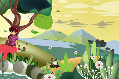 Beautiful Girl Taking Shade In A Tree With Nature Background Flat Illustration