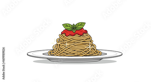 Delicious and flavorful spaghetti plate with fresh tomato sauce and basil garnish, a visually appealing cartoon style illustration