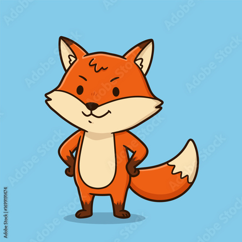 A confident cartoon fox stands upright with paws on hips, smiling playfully against a light blue background. Its bold stance and expressive face add charm and attitude.