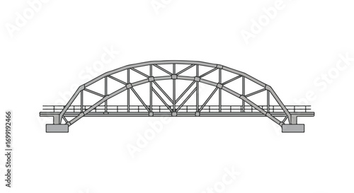 Architectural structural rendering of a simple symmetrical truss arch bridge design on a plain isolated white background showing technical detail