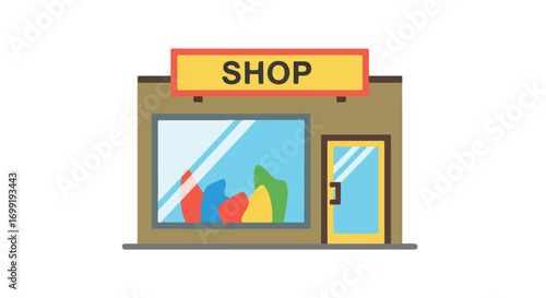 Quaint shop front illustration with colorful window display and welcoming entrance design inviting customers for shopping