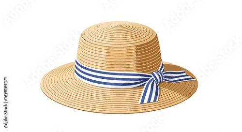 Charming straw sunhat with a blue and white striped ribbon, perfect for summer days and vacation styles providing a light airy feel ideal for warm