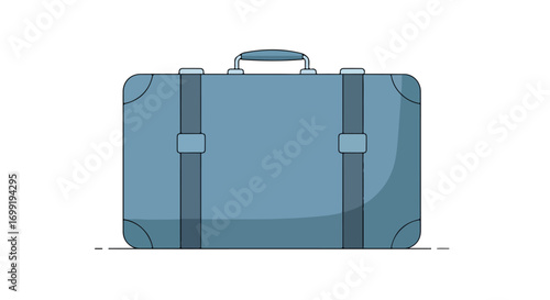 Stylized blue suitcase with straps, handle, and rounded edges, suitable for travel, adventure, or vacation themes isolated on a clean background