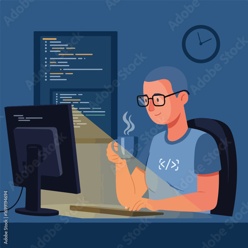 Young male programmer with glasses coding late at night.