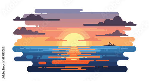 Vivid tropical sunset illustration showcasing calming ocean and radiant light rays with a small distant island and dynamic cloud patterns