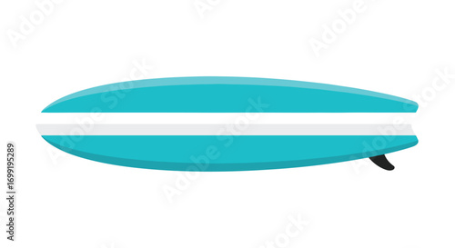 Turquoise surf board with white stripe, poised for summer fun and ocean adventures ready to conquer waves and create unforgettable memories