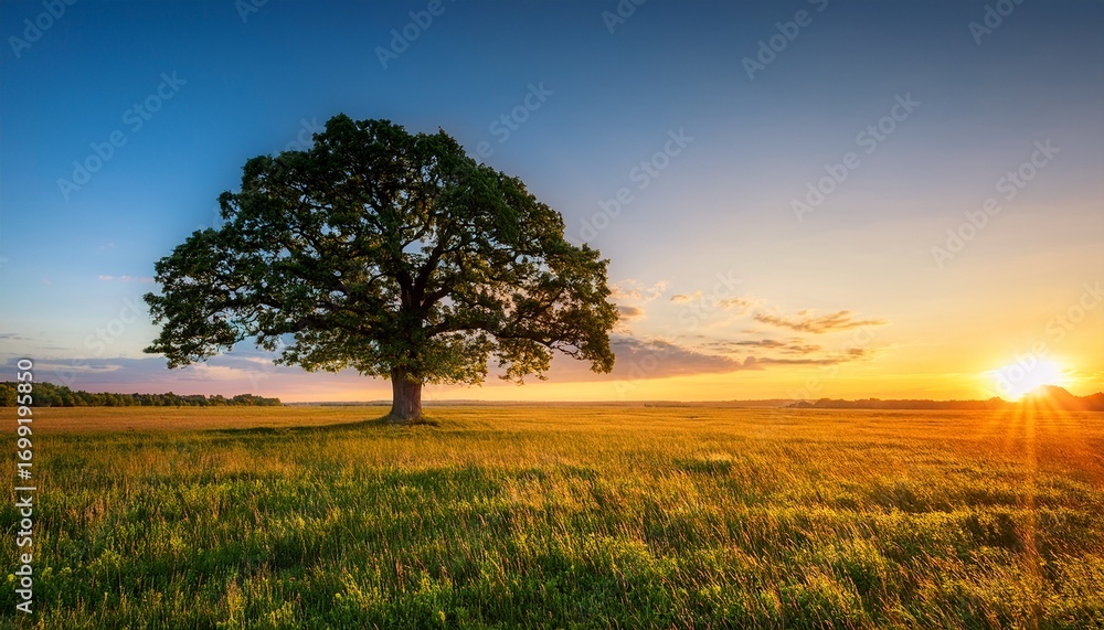 Fototapeta premium Grand Ancient Tree Stands Alone On Open Plain Sunlight Illuminating Lush Green Leaves Peaceful Landscape At Sunset