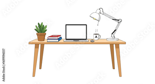Stylish workspace illustration, a digital drawing of a desk with a laptop, plant, books, and a lamp designed for online promotion
