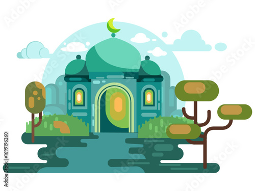 Beautiful Mosque Full Of Nature Flat Illustration