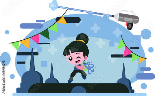Playing Water At Water Festival Flat Illustration