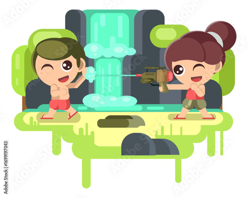 Two Kids Playing Water IN Water Festival Flat Illustration