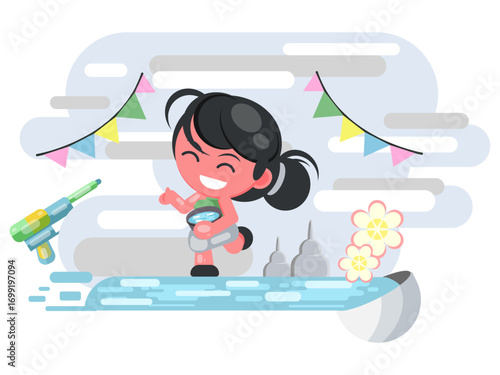 Woman Playing In Water At Water Festival Flat Illustration