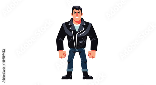 Angry cartoon tough guy in a black leather jacket.