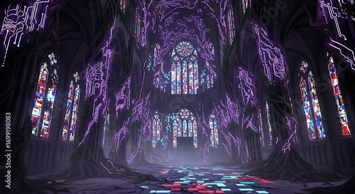 Mysterious gothic cathedral fuses ancient architecture with vibrant futuristic neon circuit board designs