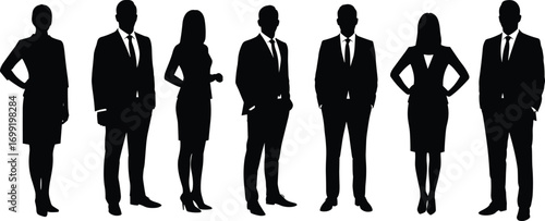 Silhouette of Professional Business Team Standing Together, Men and Women in Formal Attire, Corporate Group for Company and Success
