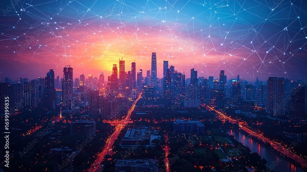 Fototapeta premium Sunset cityscape with network connections. (1)