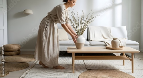 Woman Arranging Dried Flowers in a Modern Living Room with Natural Light and Textured Decor