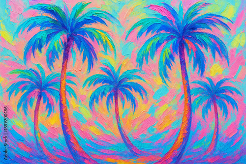 Stylized Trees Abstract Mural Art with Pastel and Neon Colors, Expressive Brush Texture