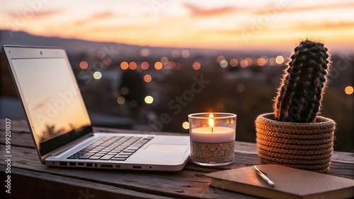 Laptop on sunset background, Laptop, Cactus, and Candle at Sunset City View