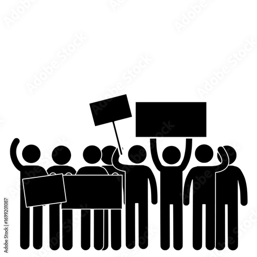 Stick figure group protesting with banners.
