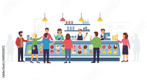 A bustling ice cream shop with customers selecting various flavors delight