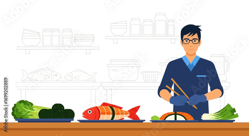 A Chef Creating a Delicious and Fresh Sushi Dish in a Clean Kitchen