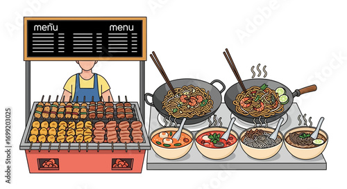 A Vibrant Depiction of a Bustling Southeast Asian Street Food Stall Scene