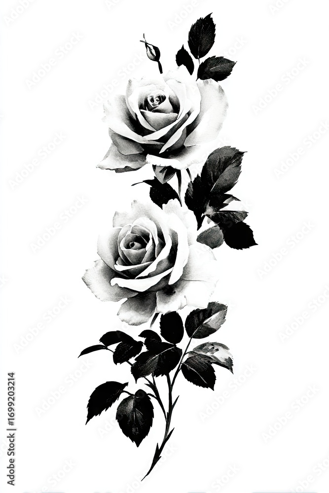 Obraz premium Two elegant roses in grayscale, featuring intricate details and a delicate, artistic design.