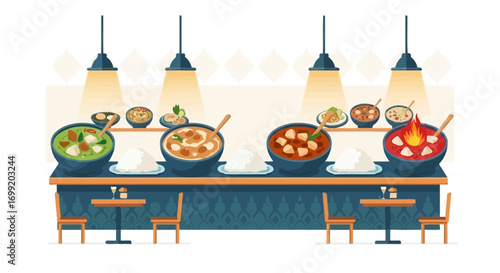 An array of traditional Thai dishes showcased on a stylish serving bar