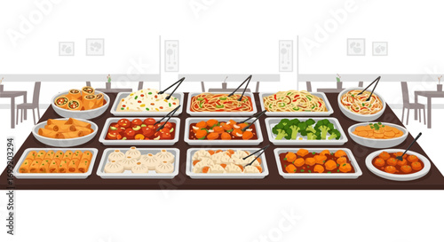 Abundant asian cuisine buffet selection in restaurant setting with variety