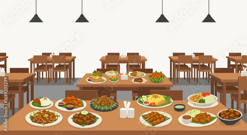All you can eat restaurant with a variety of dishes displayed on tables