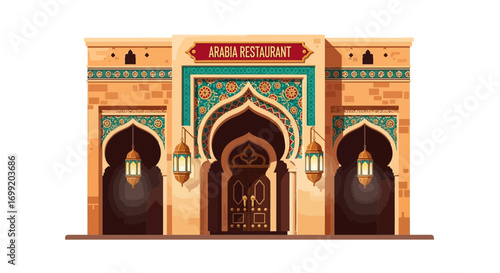 Architectural visualization of a restaurant with traditional islamic design