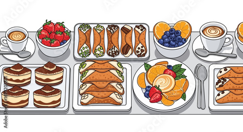 Artistic arrangement of italian desserts, coffee and fresh summer fruits