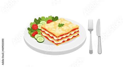 Artistic depiction of lasagna served with a side salad with silverware