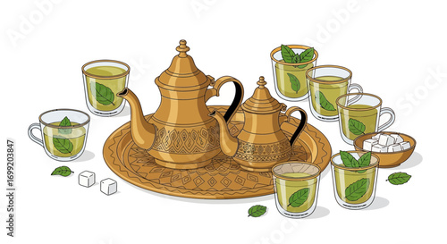 Artistic depiction of traditional moroccan mint tea set with ornate teapots