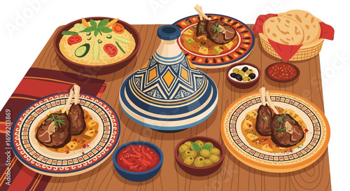 Artistic illustration presenting a delectable spread of Moroccan cuisine