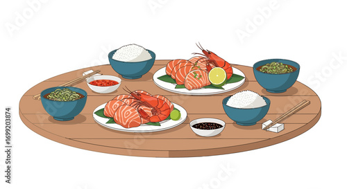 Artistic rendering of delectable Asian cuisine on a round wooden table