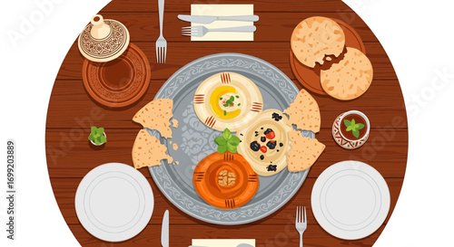 Artistic representation of an arabian feast on a decorated wooden table