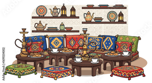 Authentic arabic lounge with hookah, traditional pastries and cushions