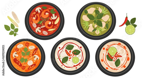 Assortment of thai soups, each presented in individual black bowls