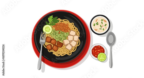 Authentic asian cuisine illustration with noodles and various toppings