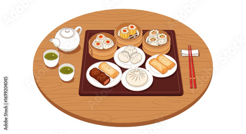 Authentic Dim Sum selection with Tea Arrangement on Wooden Table