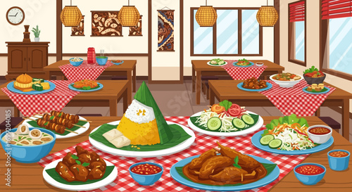 Authentic Indonesian Cuisine Feast Displayed in a Cozy Restaurant Setting