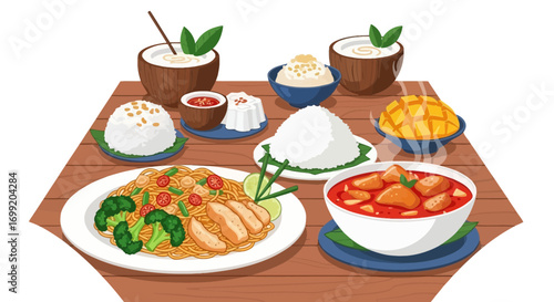 Authentic Thai cuisine spread featuring noodles, curry, rice and desserts