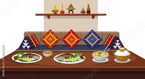 Authentic Thai Cuisine Displayed on a Table with Traditional Decor