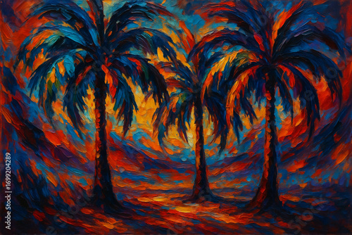 Abstract Trees Painting with Heavy Impasto and Dramatic Colors, Gestural Brushstrokes for Contemporary Decorative Art