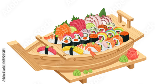 Authentic sushi platter, presented on a unique wooden boat arrangement